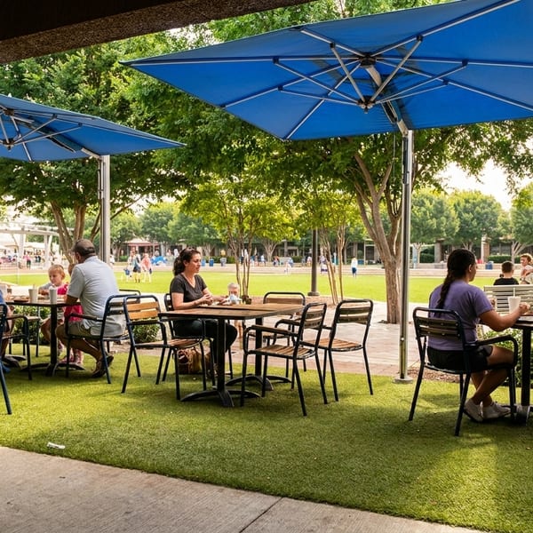 People dine at outdoor tables with blue umbrellas on artificial grass, overlooking a park.