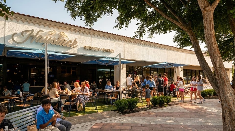 People dining and waiting outside Haystack Burgers & Barley restaurant on a sunny day.