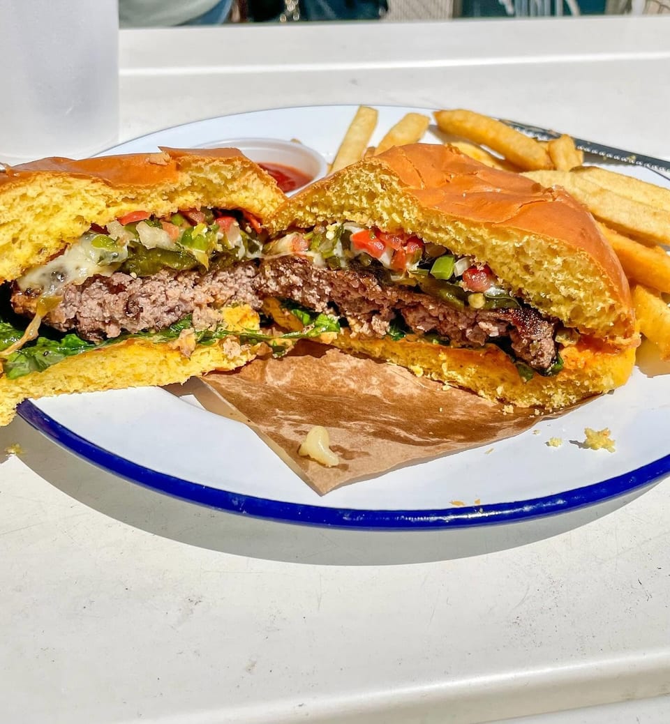 A juicy burger, cut in half, with melted cheese, salsa, and fries on a white plate.