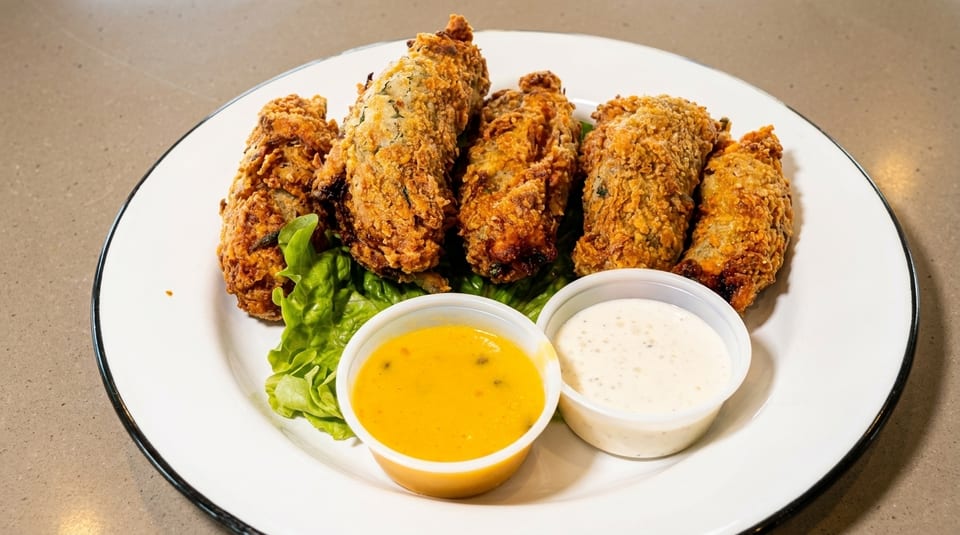 Six crispy fried oysters on lettuce with two dipping sauces on a white plate.
