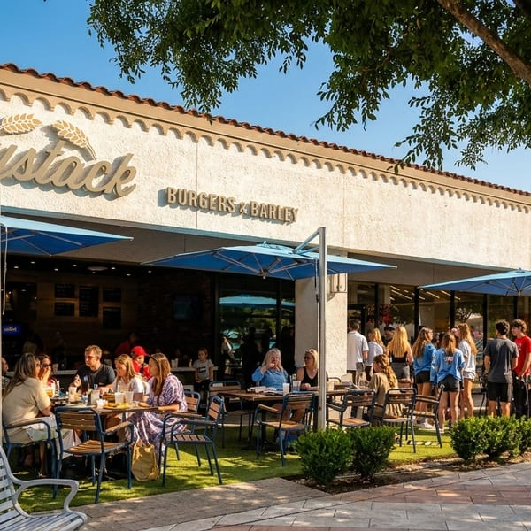 The Haystack Burgers & Barley restaurant exterior with outdoor patio seating and many customers.